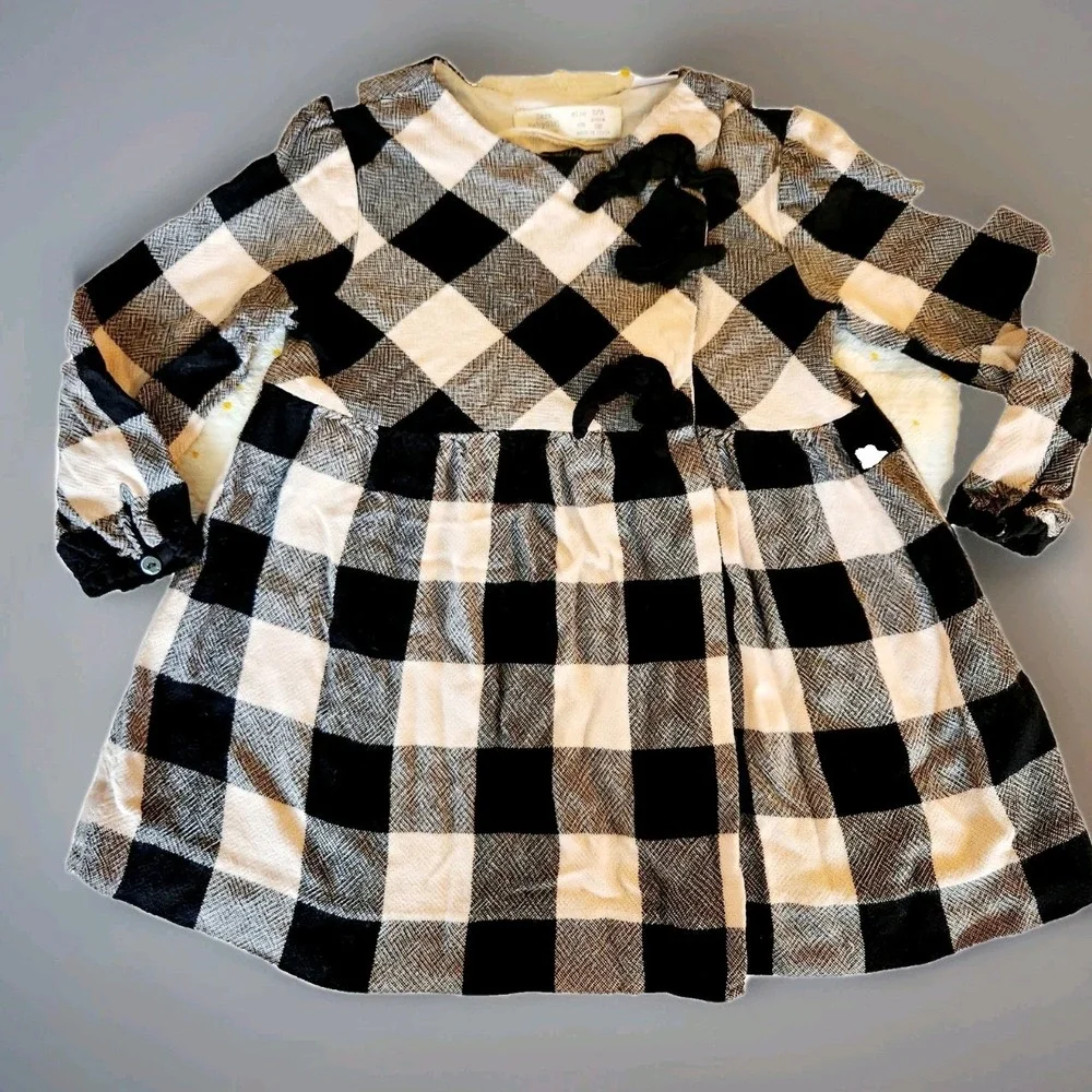 ZARA‎ Black and White Checkered Long Sleeve Dress - Size: 2-3 Years (98cm)